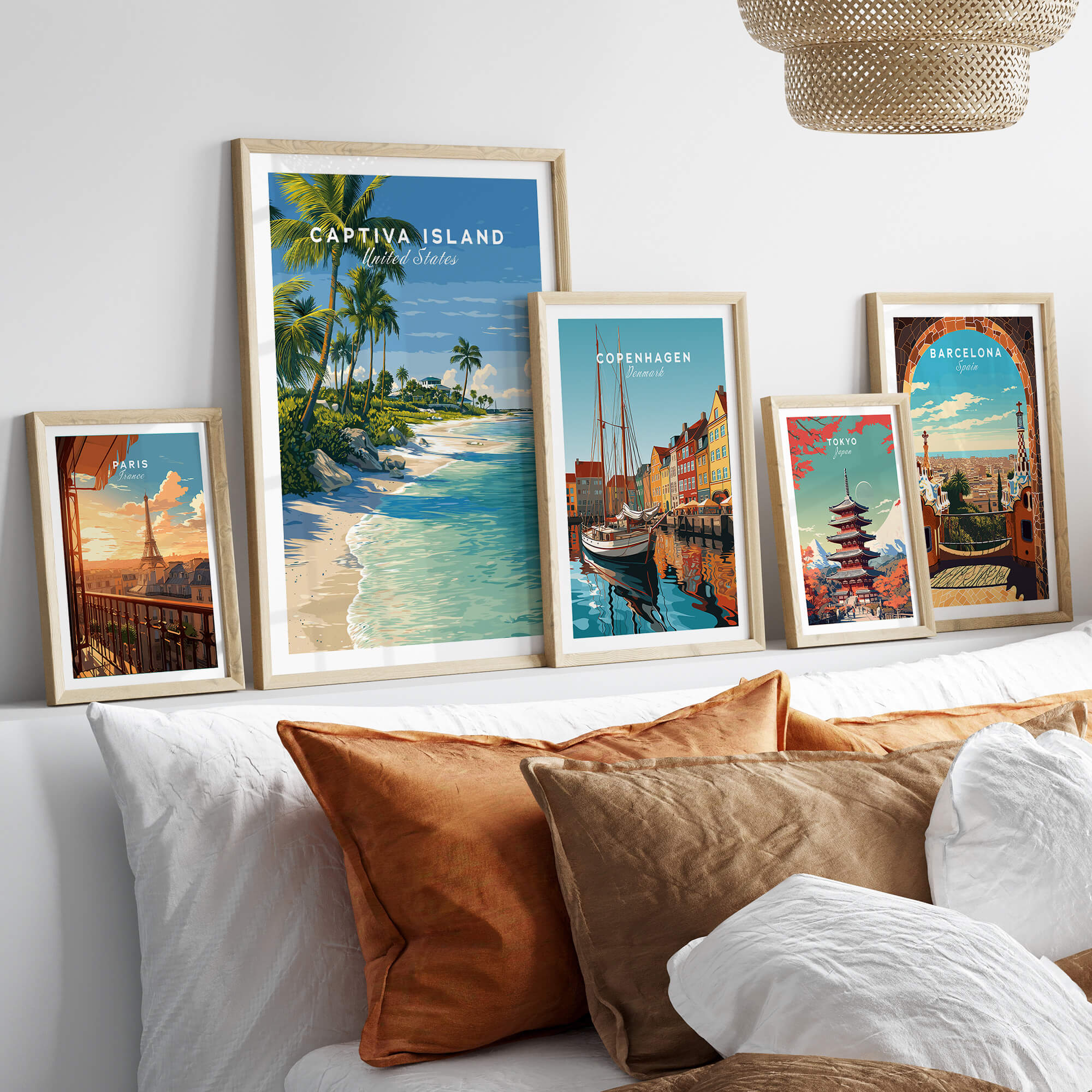 Captiva Island Travel Poster – White Sand Beach and Turquoise Water Art displayed among travel posters in a stylish living room.
