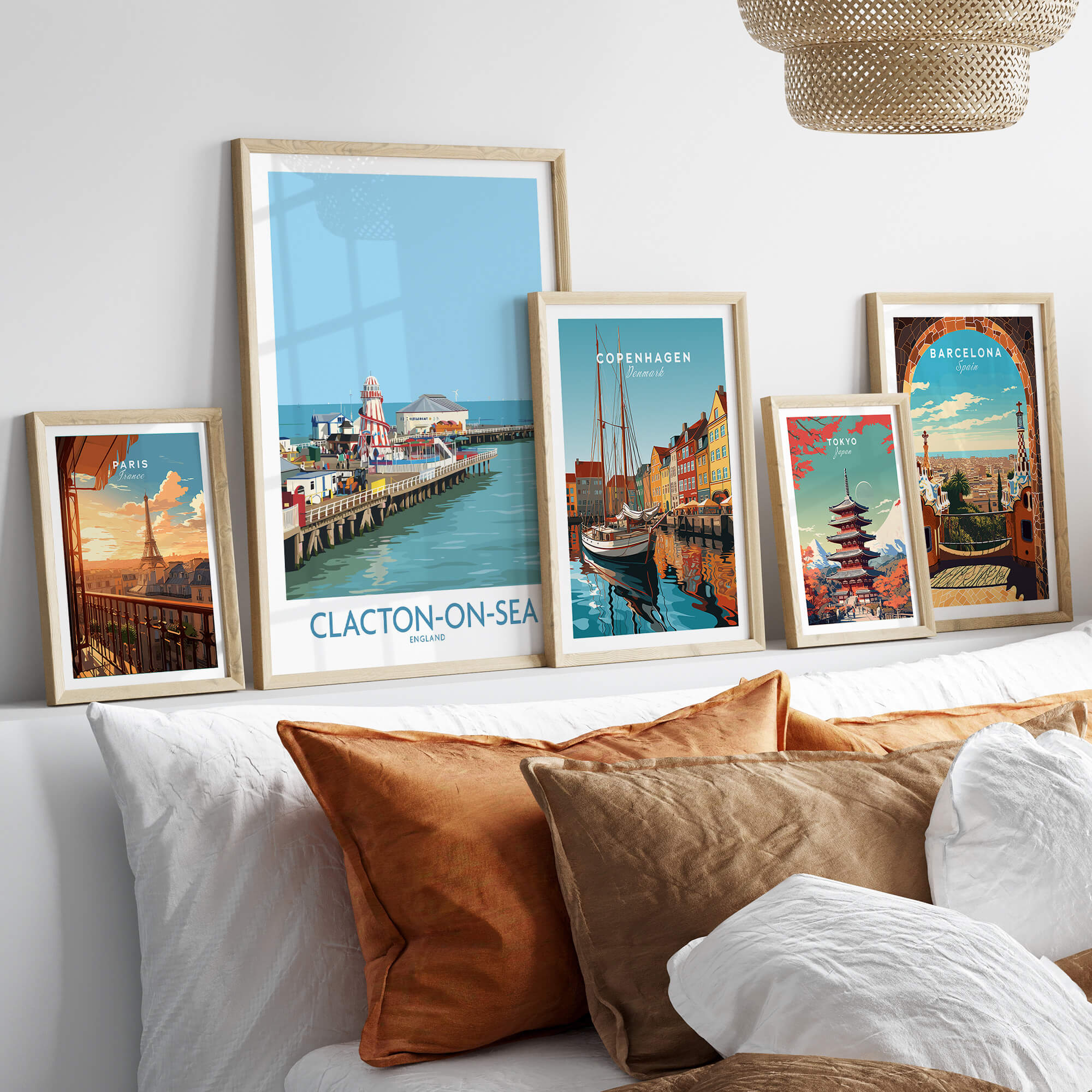 Decorative display of Clacton-on-Sea England Wall Art – British Seaside Decor prints in stylish frames.