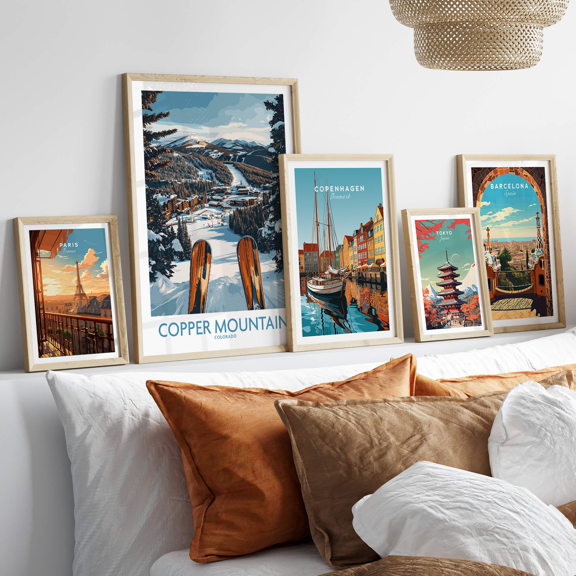 Copper Mountain Colorado Wall Art – Winter Ski Resort Print displayed among various travel-themed wall art frames.