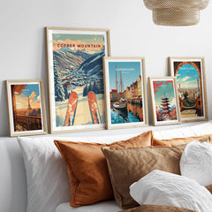Copper Mountain Travel Poster – Sunset Ski Slopes displayed among other travel posters on a stylish wall.