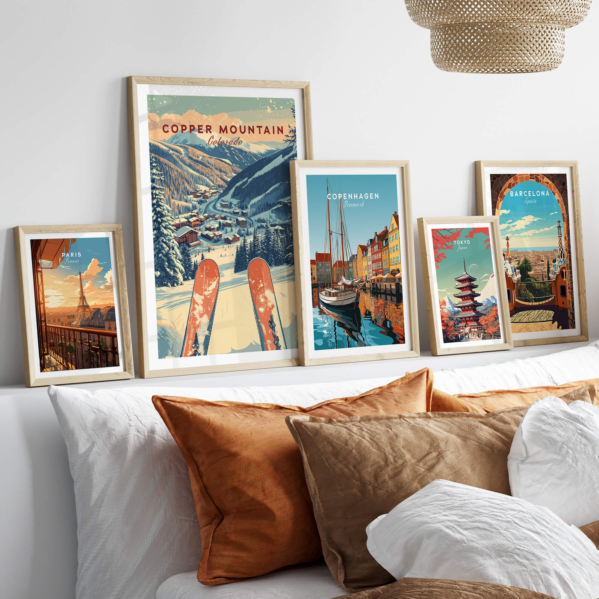 Copper Mountain Travel Poster – Sunset Ski Slopes displayed among other travel posters on a stylish wall.
