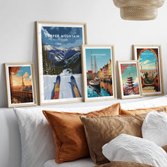 Ski Print Copper Mountain Colorado framed artwork featuring scenic skiing views and vibrant city prints.