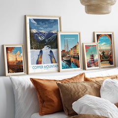 Copper Mountain Colorado Wall Art – Snowy Peak Winter Sports Print displayed among other travel-themed artwork.