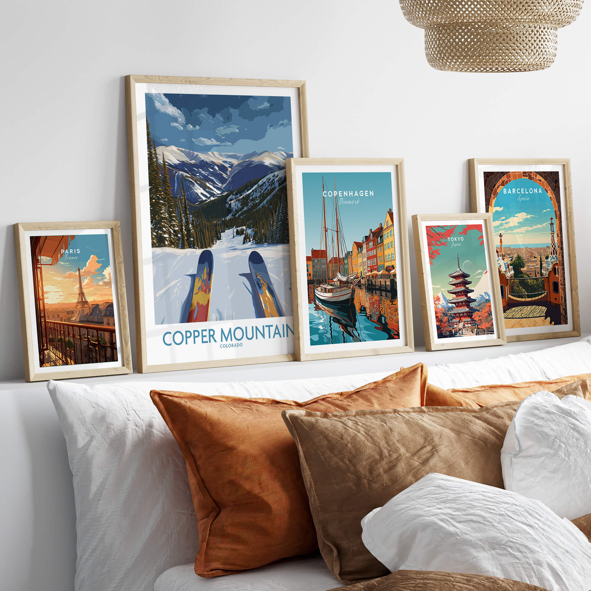 Copper Mountain Colorado Wall Art – Snowy Peak Winter Sports Print displayed among other travel-themed artwork.