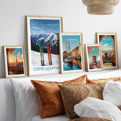 Copper Mountain Ski Wall Art Ski Print displayed with other travel art prints in a cozy living room.