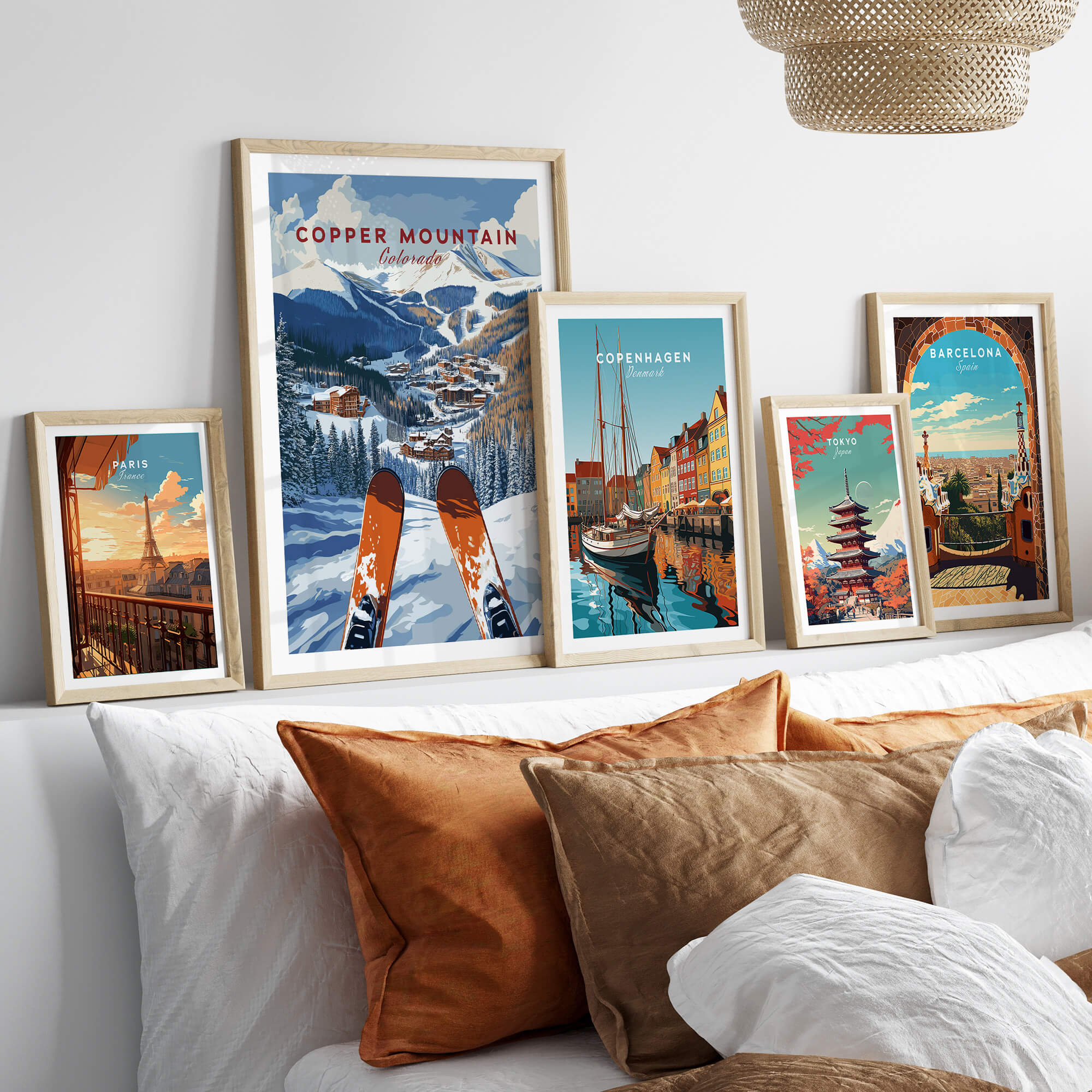 Copper Mountain Ski Poster – Winter Ski Village & Snowy Mountain Art displayed in a cozy interior setting.
