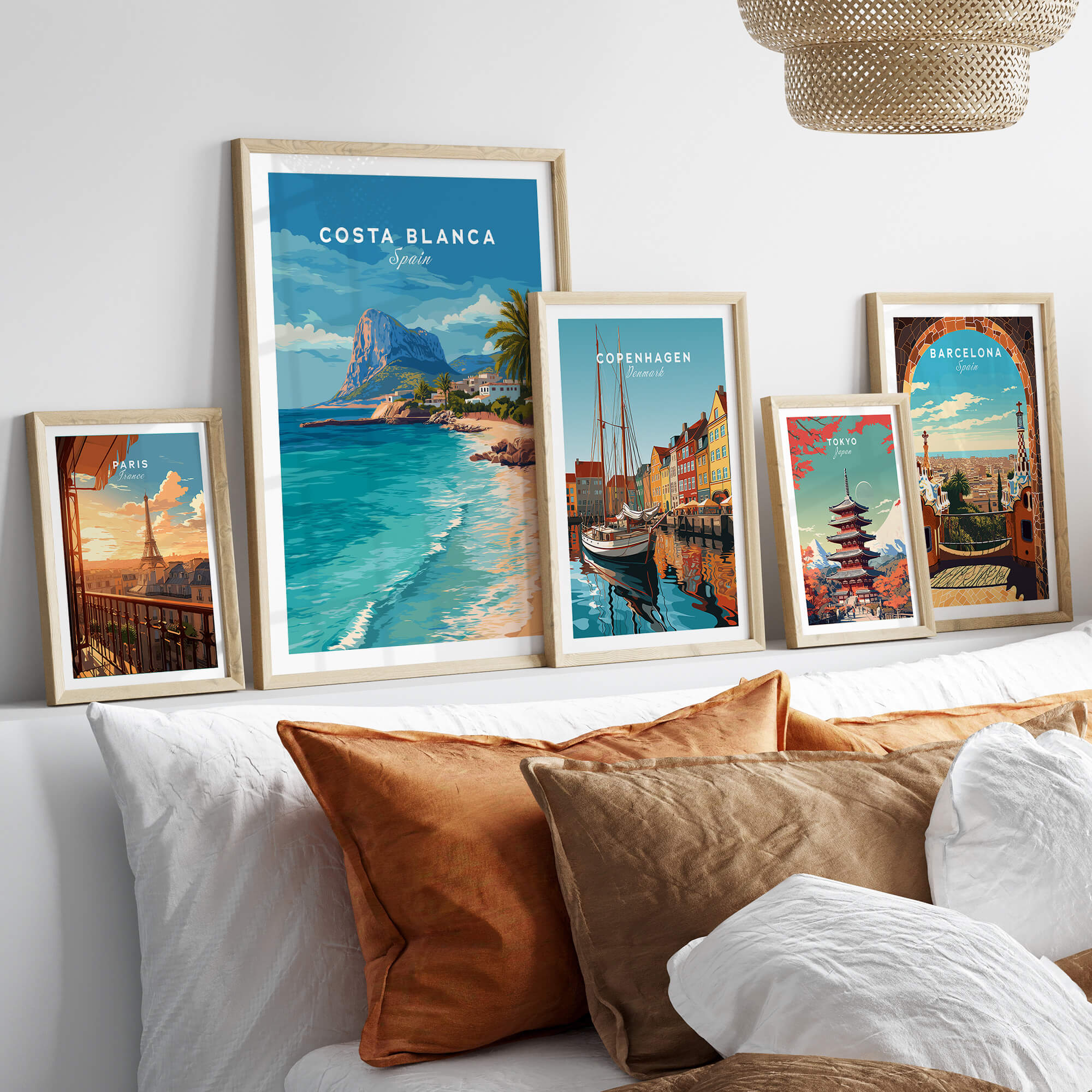 Costa Blanca Spain Travel Art – Mediterranean Village & Turquoise Sea Landscape Poster displayed in a stylish home decor setting.