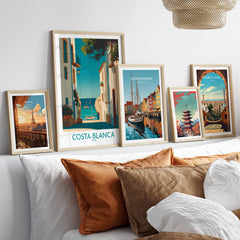 Costa Blanca Spain Wall Art Print - Spanish Village Artwork displayed among other framed travel prints.