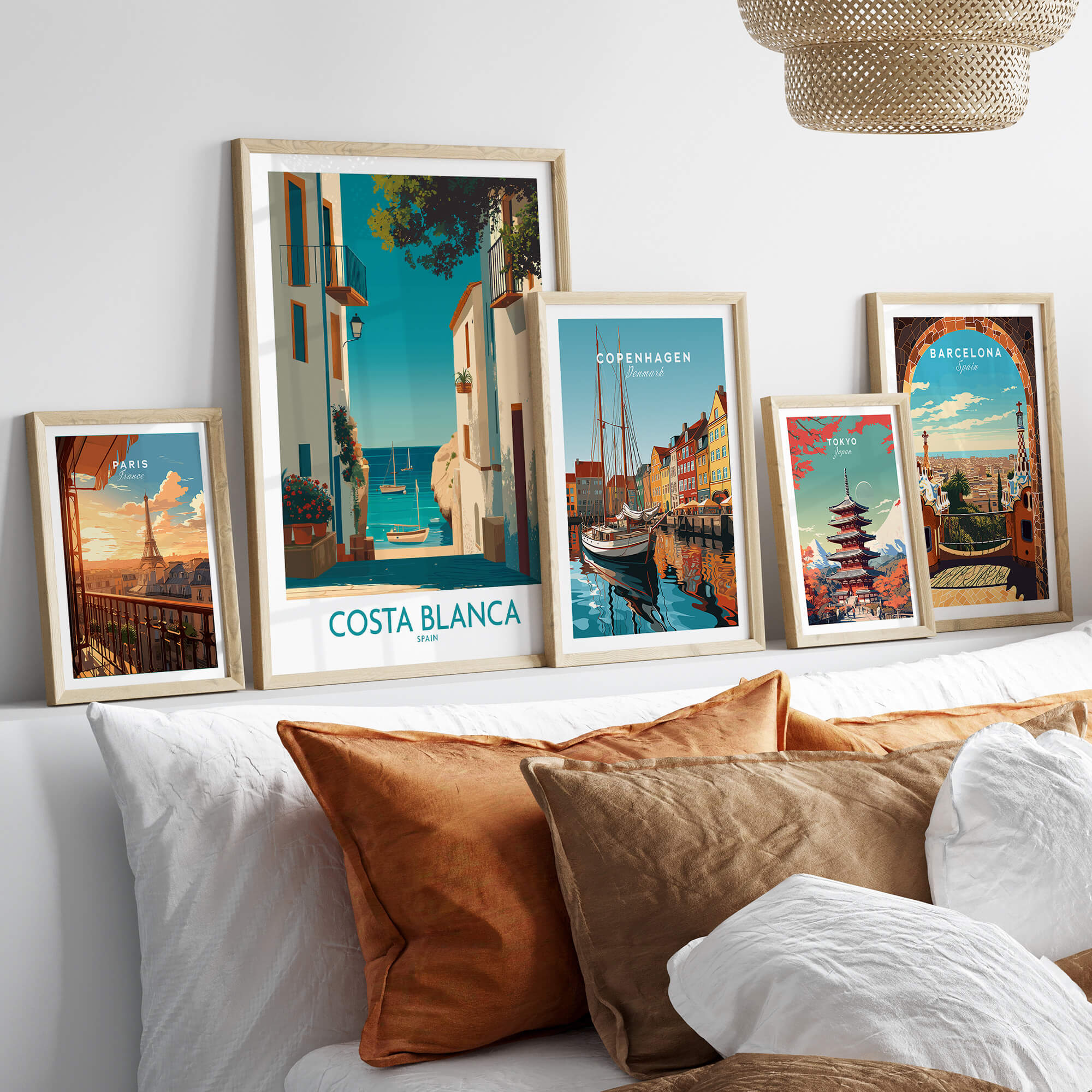 Costa Blanca Spain Wall Art Print - Spanish Village Artwork displayed among other framed travel prints.