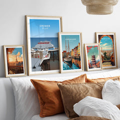 Cromer Travel Poster – Norfolk Pier & Pavilion Theatre Landmark Art displayed on a stylish wall gallery.