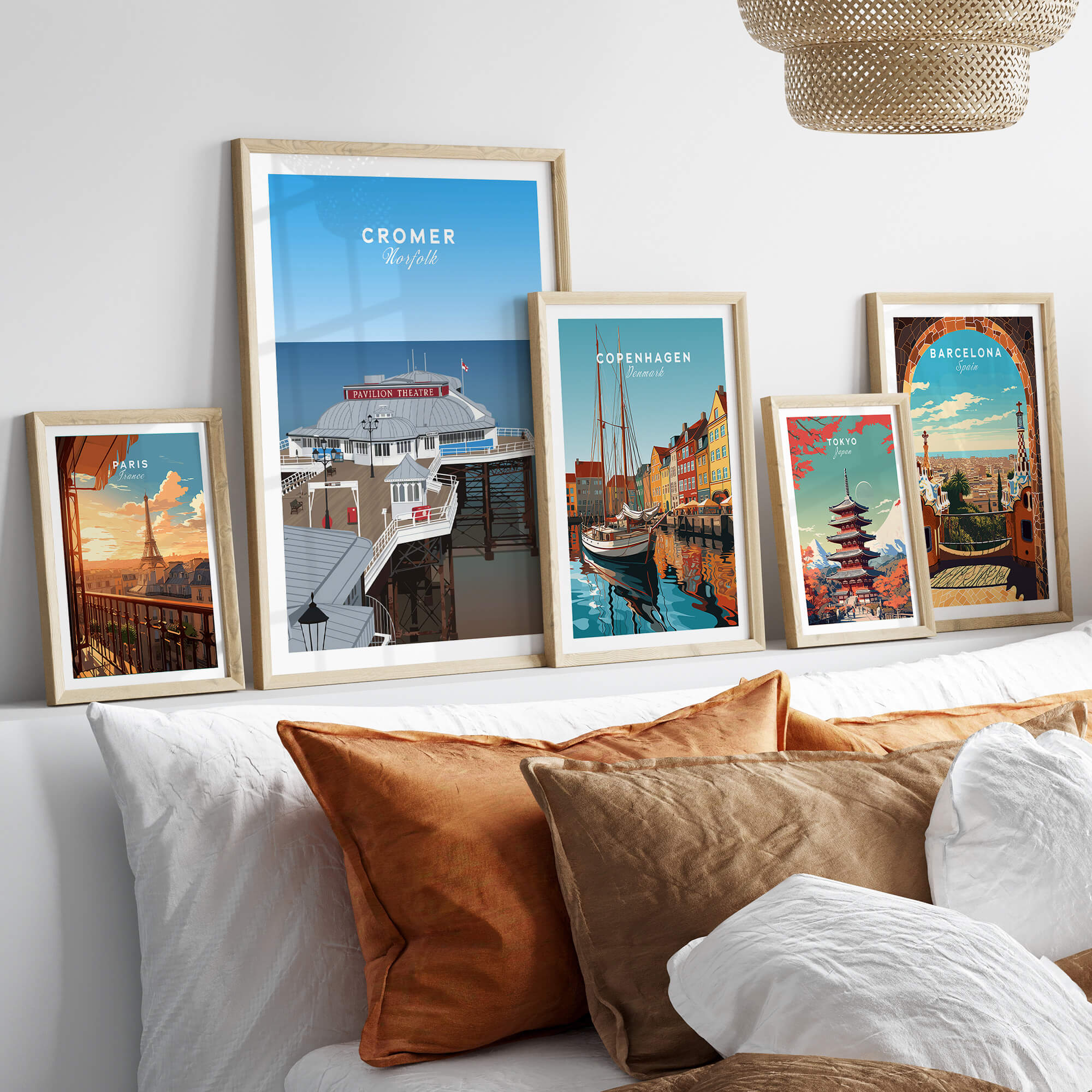 Cromer Travel Poster – Norfolk Pier & Pavilion Theatre Landmark Art displayed on a stylish wall gallery.