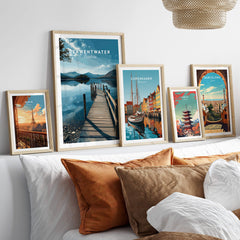 Derwentwater Travel Poster – Lake District Canvas Print displayed among other travel prints in a stylish home setting.