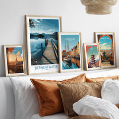Derwentwater Cumbria Wall Art – Scenic Lake Pier Art Print displayed on a stylish interior wall with other travel prints.