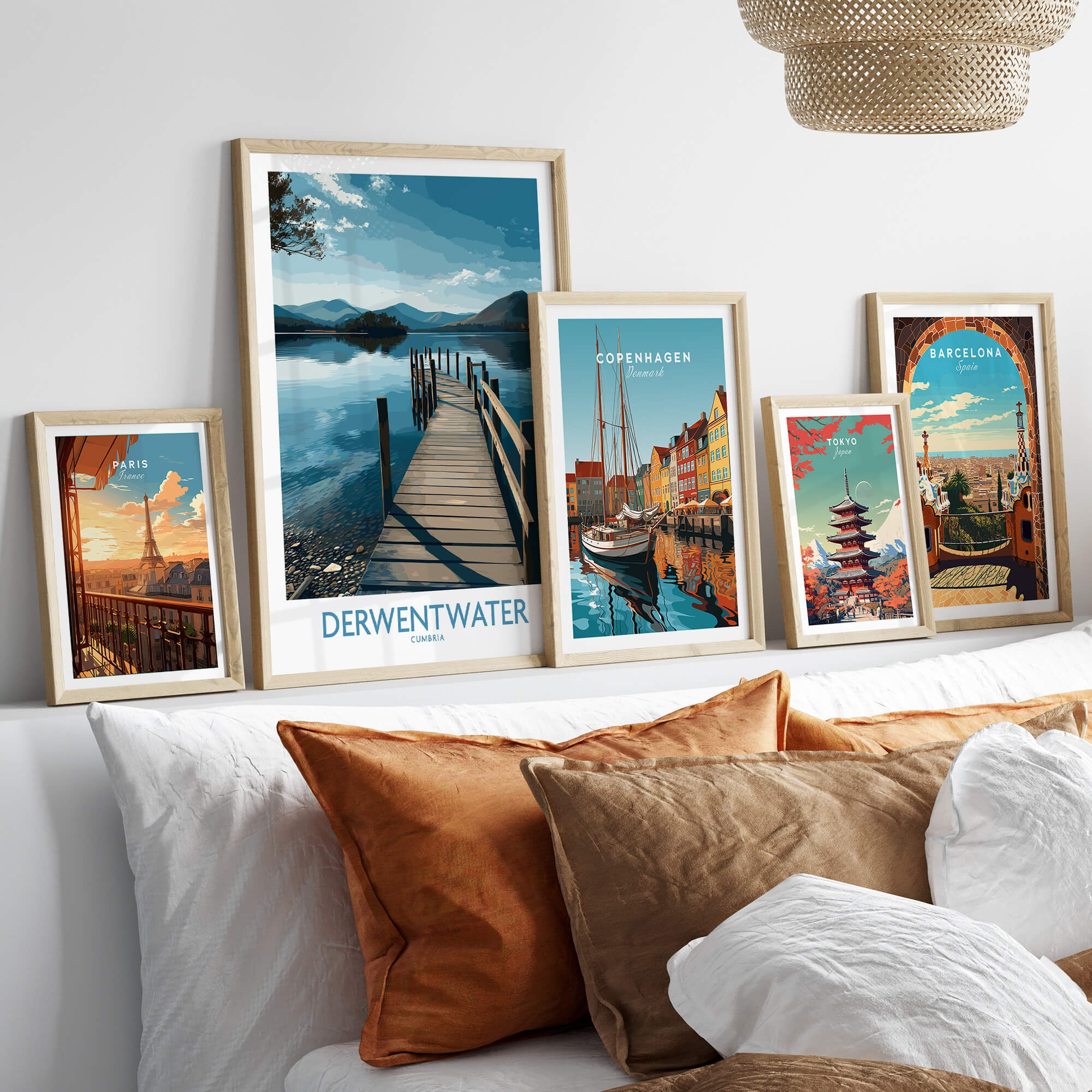 Derwentwater Cumbria Wall Art – Scenic Lake Pier Art Print displayed on a stylish interior wall with other travel prints.