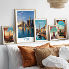 Detroit Michigan City Skyline Art Print | Renaissance Center Poster displayed among other city art prints on a stylish sofa