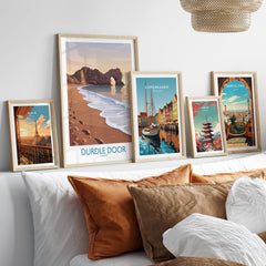 Durdle Door Dorset Wall Art – Canvas Poster displayed elegantly on a wall with other scenic artwork.