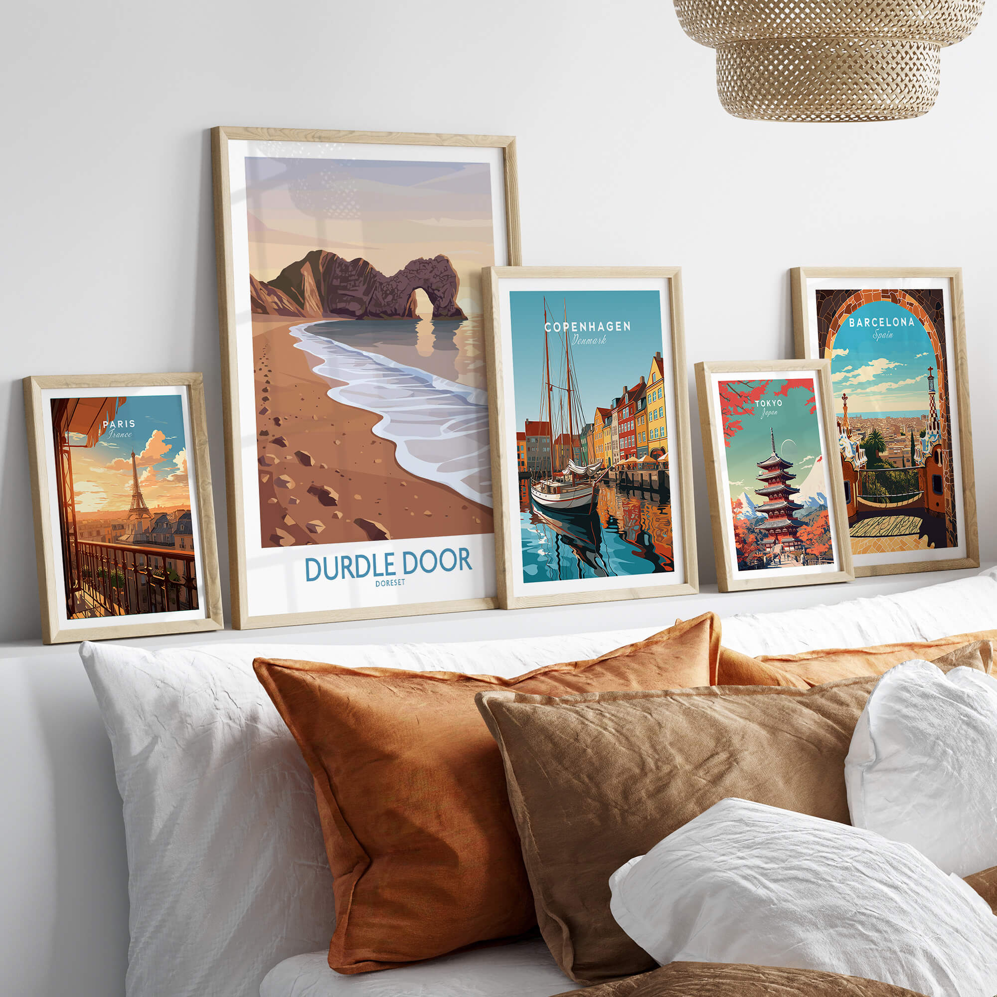 Durdle Door Dorset Wall Art – Canvas Poster displayed elegantly on a wall with other scenic artwork.