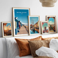 Frinton-on-Sea Travel Poster – Essex Coastline Beach Huts & Prom Art displayed in frames on a stylish interior setting.