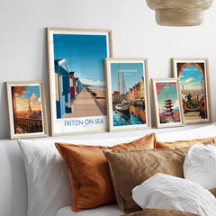Frinton-on-Sea England Wall Art – Colorful Seaside Beach Hut Decor Print displayed in a stylish living room setting.