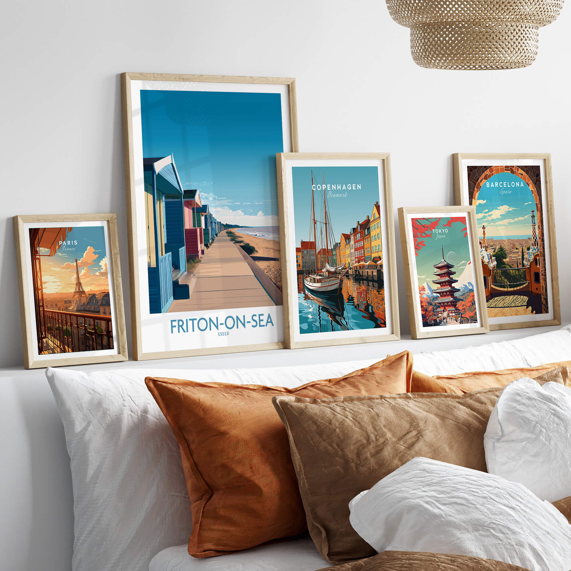 Frinton-on-Sea England Wall Art – Colorful Seaside Beach Hut Decor Print displayed in a stylish living room setting.