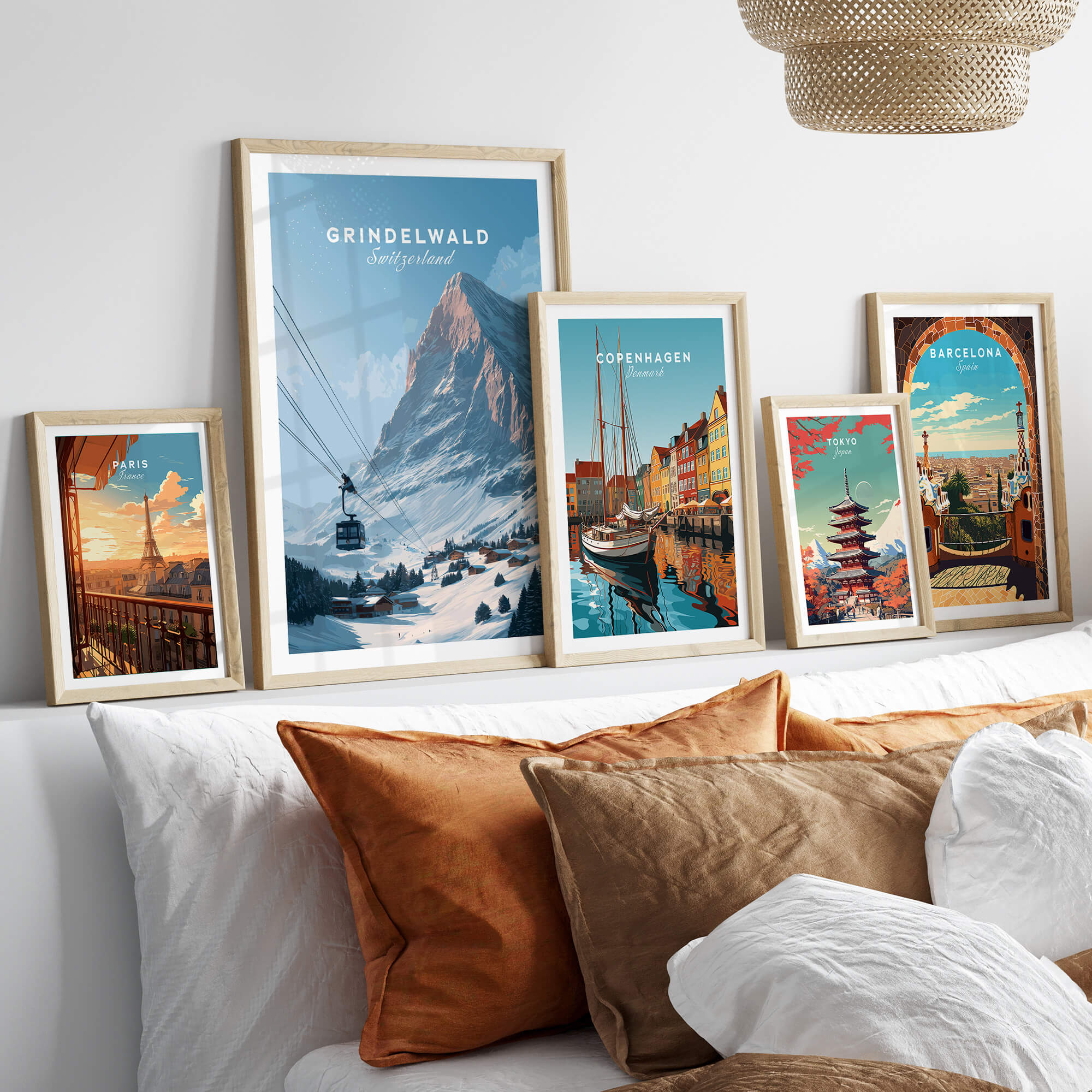 Grindelwald Switzerland Wall Art Print | Alpine Cable Car Travel Posters displayed on a stylish bed.