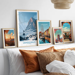 Grindelwald Switzerland Poster | Snowy Alps Mountain Scene Canvas Print displayed among travel-themed wall art.