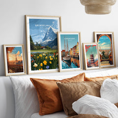Grindelwald Switzerland Travel Poster | Alpine Wildflower Meadow Wall Art Print displayed among other travel posters.