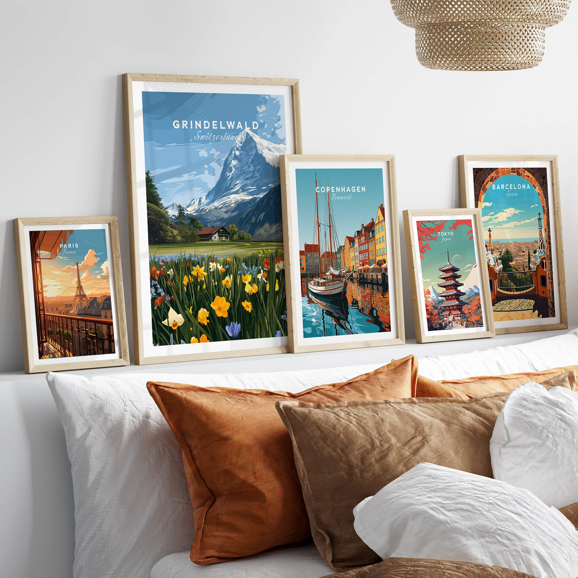 Grindelwald Switzerland Travel Poster | Alpine Wildflower Meadow Wall Art Print displayed among other travel posters.