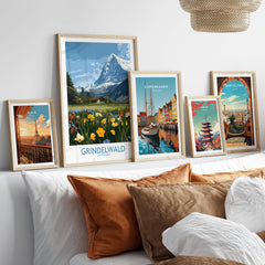 Grindelwald Switzerland Canvas Print | Scenic Swiss Village Landscape Poster displayed on a modern wall shelf with other travel posters.
