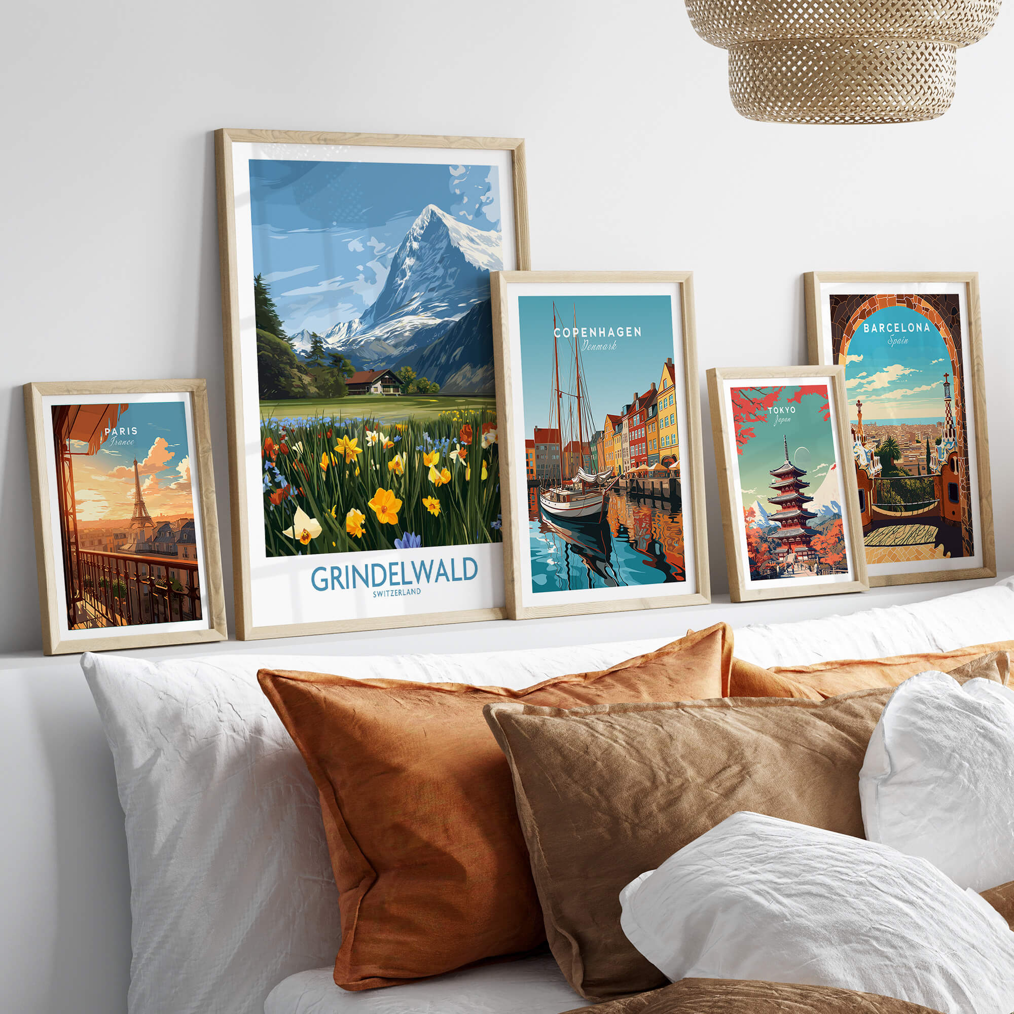 Grindelwald Switzerland Canvas Print | Scenic Swiss Village Landscape Poster displayed on a modern wall shelf with other travel posters.