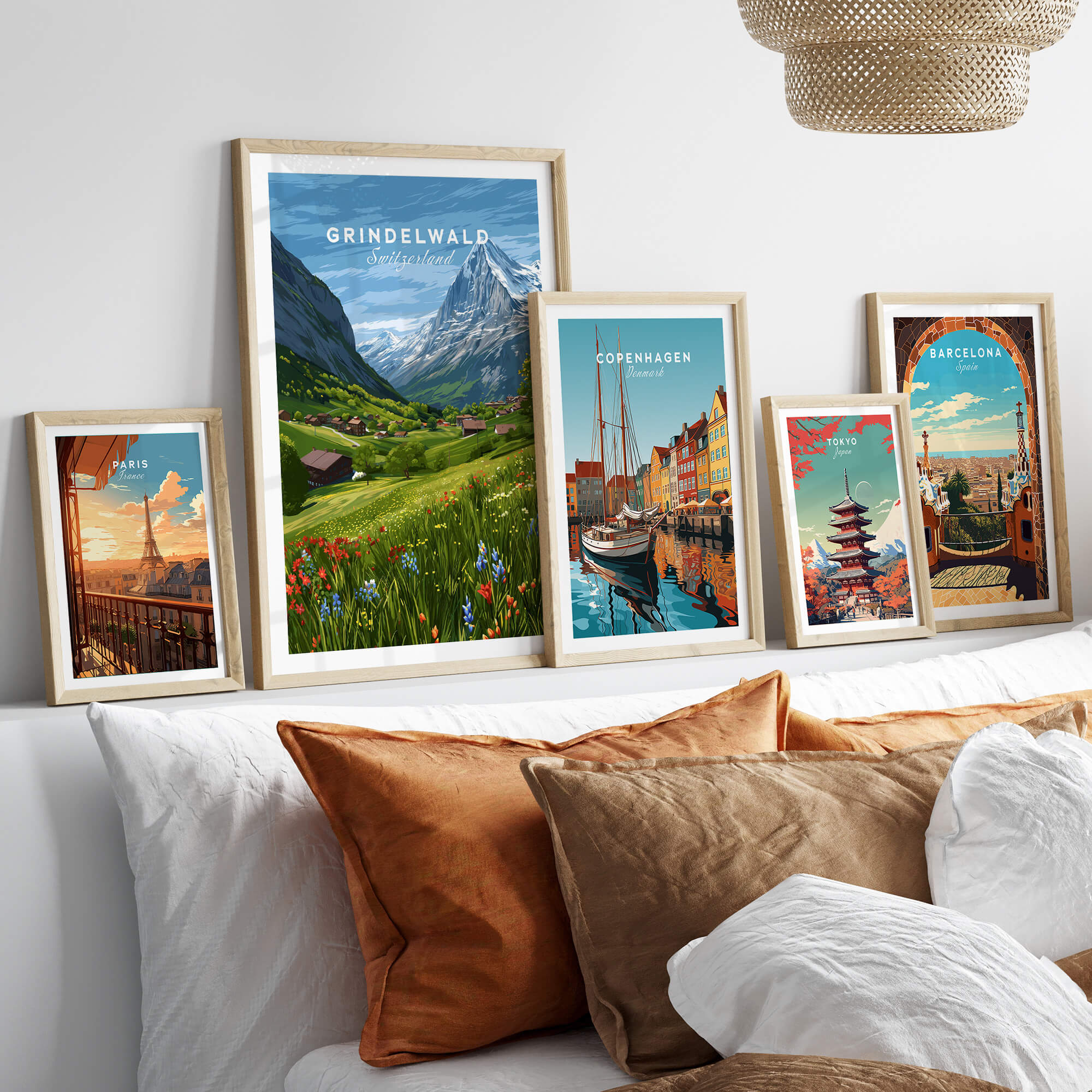 Grindelwald Switzerland Wall Art Print | Summer Alps Nature Travel Posters displayed in a cozy living room setting.