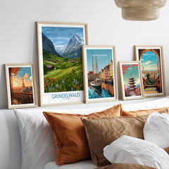 Grindelwald Switzerland Posters | Lush Green Mountain Valley Canvas Print displayed in a stylish interior setting.