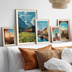 Grindelwald Switzerland Travel Poster | Iconic Mountain Railway Wall Art Print displayed in a cozy living room setting.