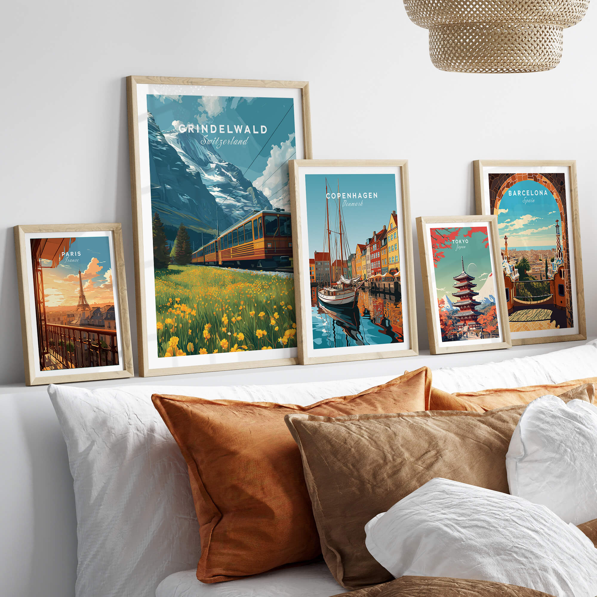Grindelwald Switzerland Travel Poster | Iconic Mountain Railway Wall Art Print displayed in a cozy living room setting.
