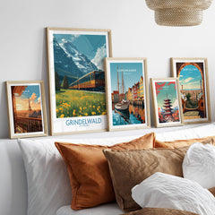 Grindelwald Switzerland Canvas Print | Swiss Alps Train Railway Scene Poster displayed in a stylish interior setting.