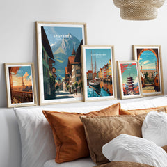 Gruyères Switzerland Wall Art Print | Medieval Village Street Travel Poster displayed with other city prints.