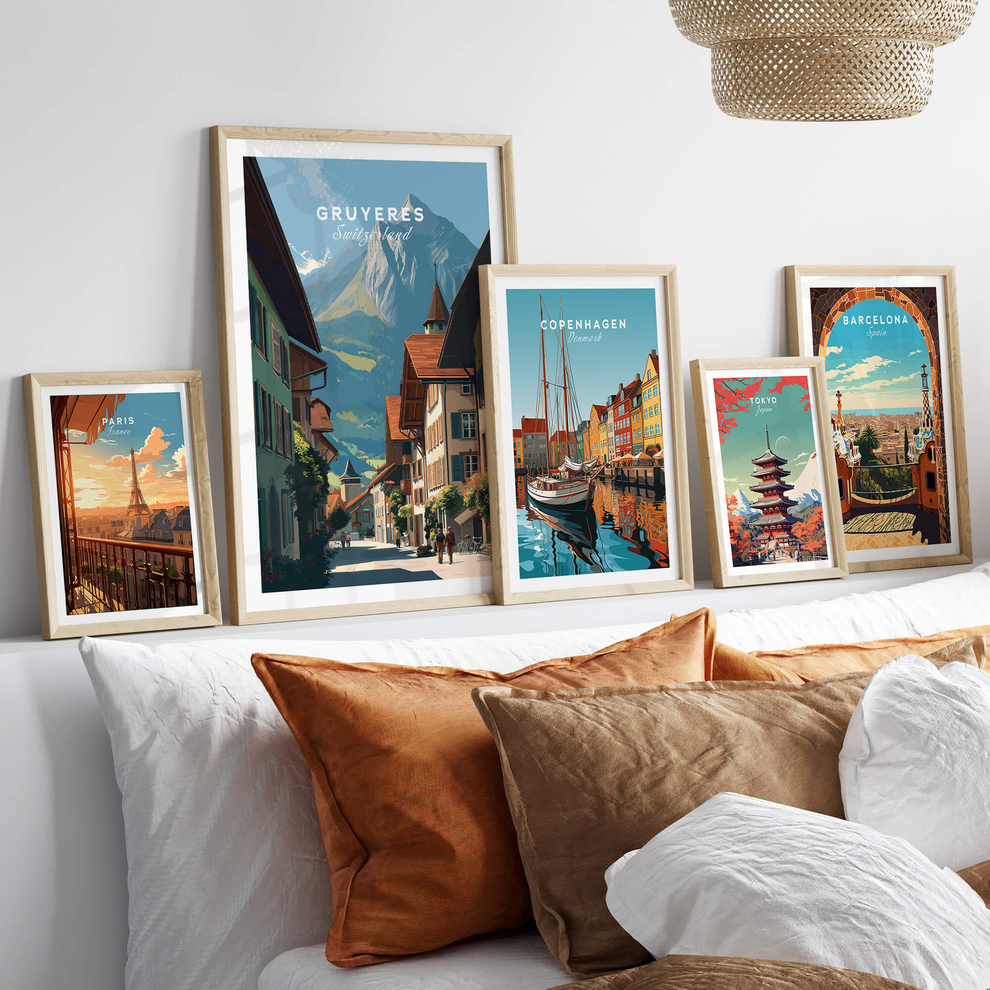 Gruyères Switzerland Wall Art Print | Medieval Village Street Travel Poster displayed with other city prints.