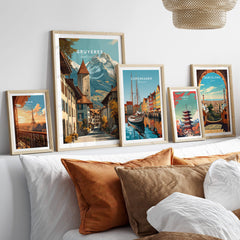 Gruyères Switzerland Wall Art Print | Swiss Travel Poster displayed among other travel posters in a modern interior.