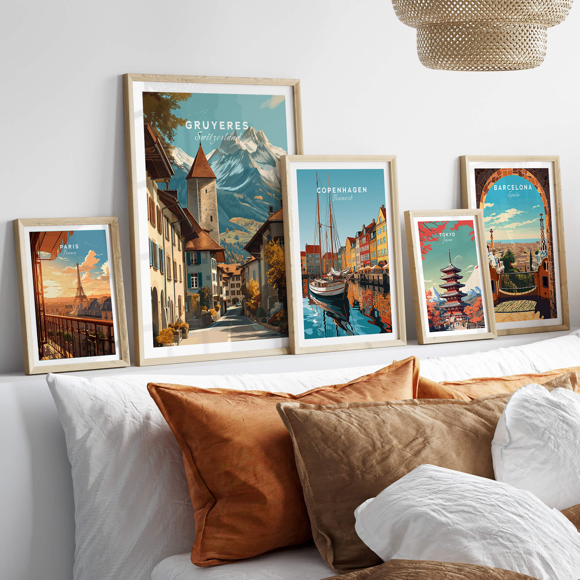 Gruyères Switzerland Wall Art Print | Swiss Travel Poster displayed among other travel posters in a modern interior.