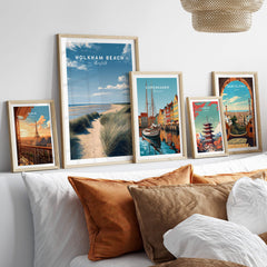 Holkham Beach Norfolk Wall Art Print | Coastal Sand Dunes Travel Poster displayed among other travel posters.