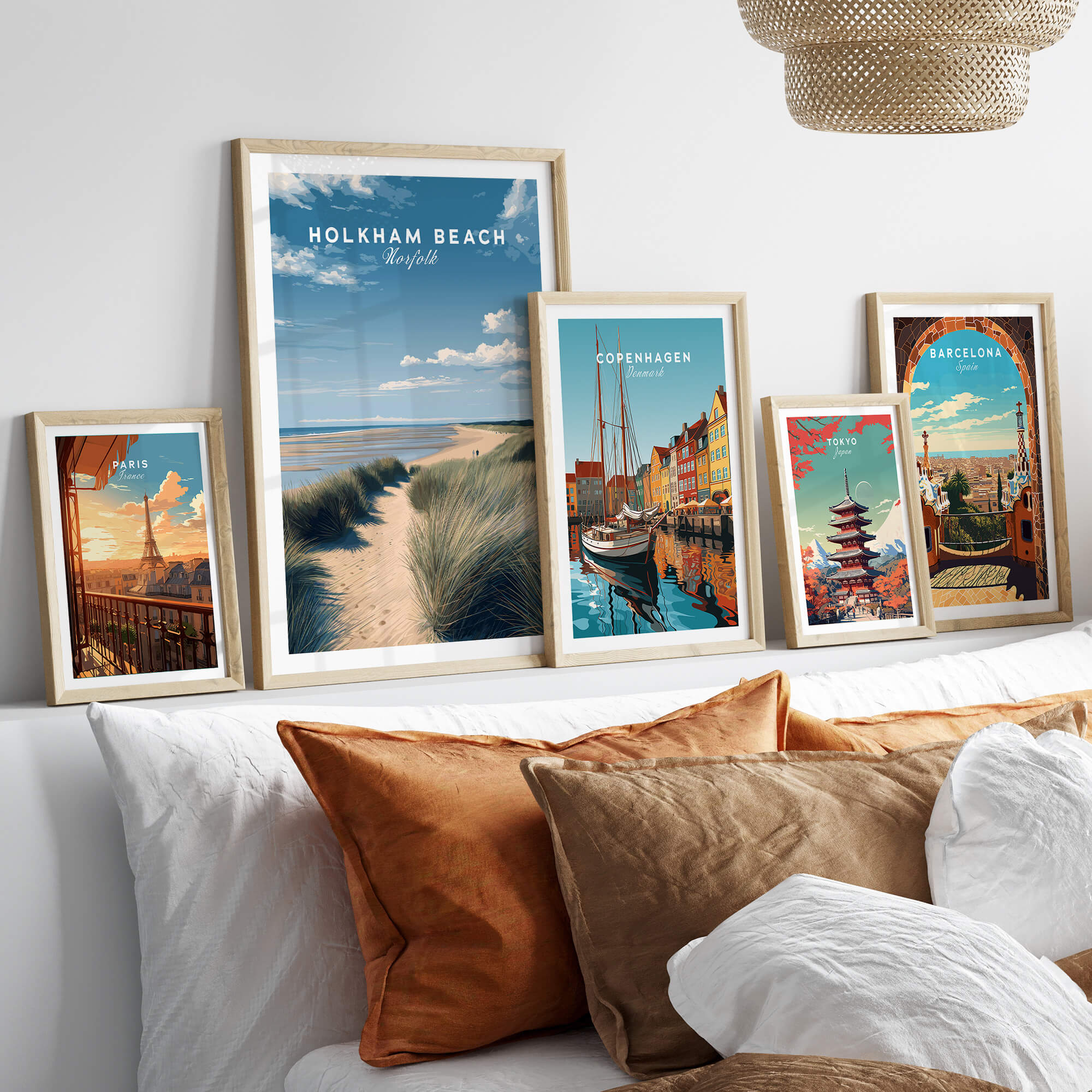 Holkham Beach Norfolk Wall Art Print | Coastal Sand Dunes Travel Poster displayed among other travel posters.