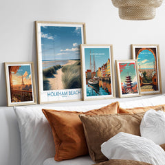 Holkham Beach Norfolk Poster | North Norfolk Shoreline Nature Canvas Print displayed among other travel-themed art prints.