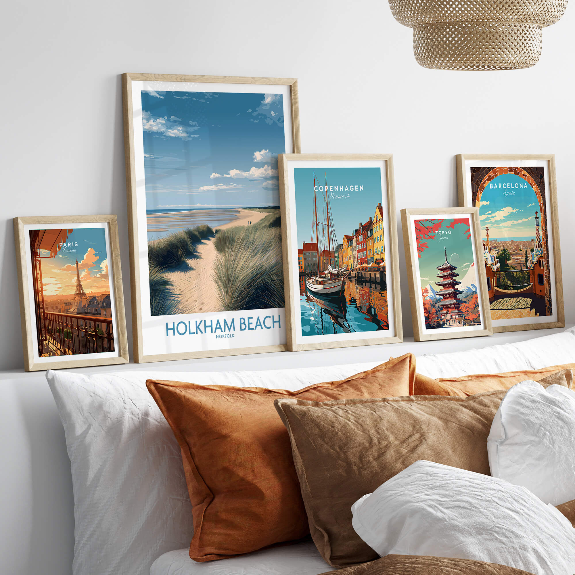 Holkham Beach Norfolk Poster | North Norfolk Shoreline Nature Canvas Print displayed among other travel-themed art prints.