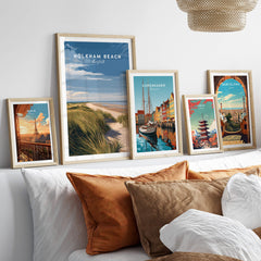 Holkham Beach Norfolk Travel Poster | Serene Beach Pathway Wall Art Print displayed among other travel posters.