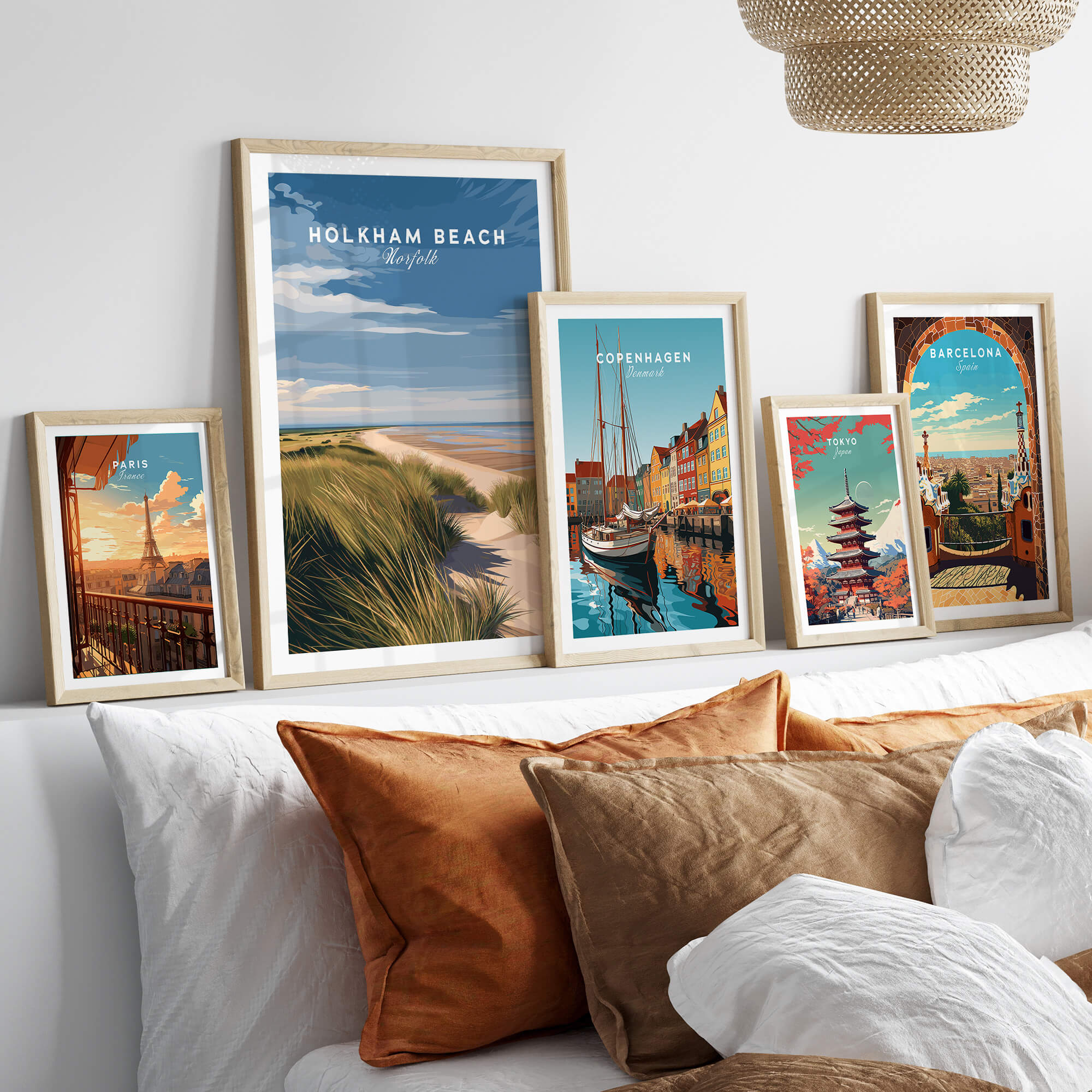 Holkham Beach Norfolk Travel Poster | Serene Beach Pathway Wall Art Print displayed among other travel posters.