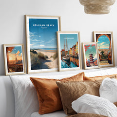 Holkham Beach Norfolk Wall Art Print | British Beach Travel Poster displayed in a modern living room setting.