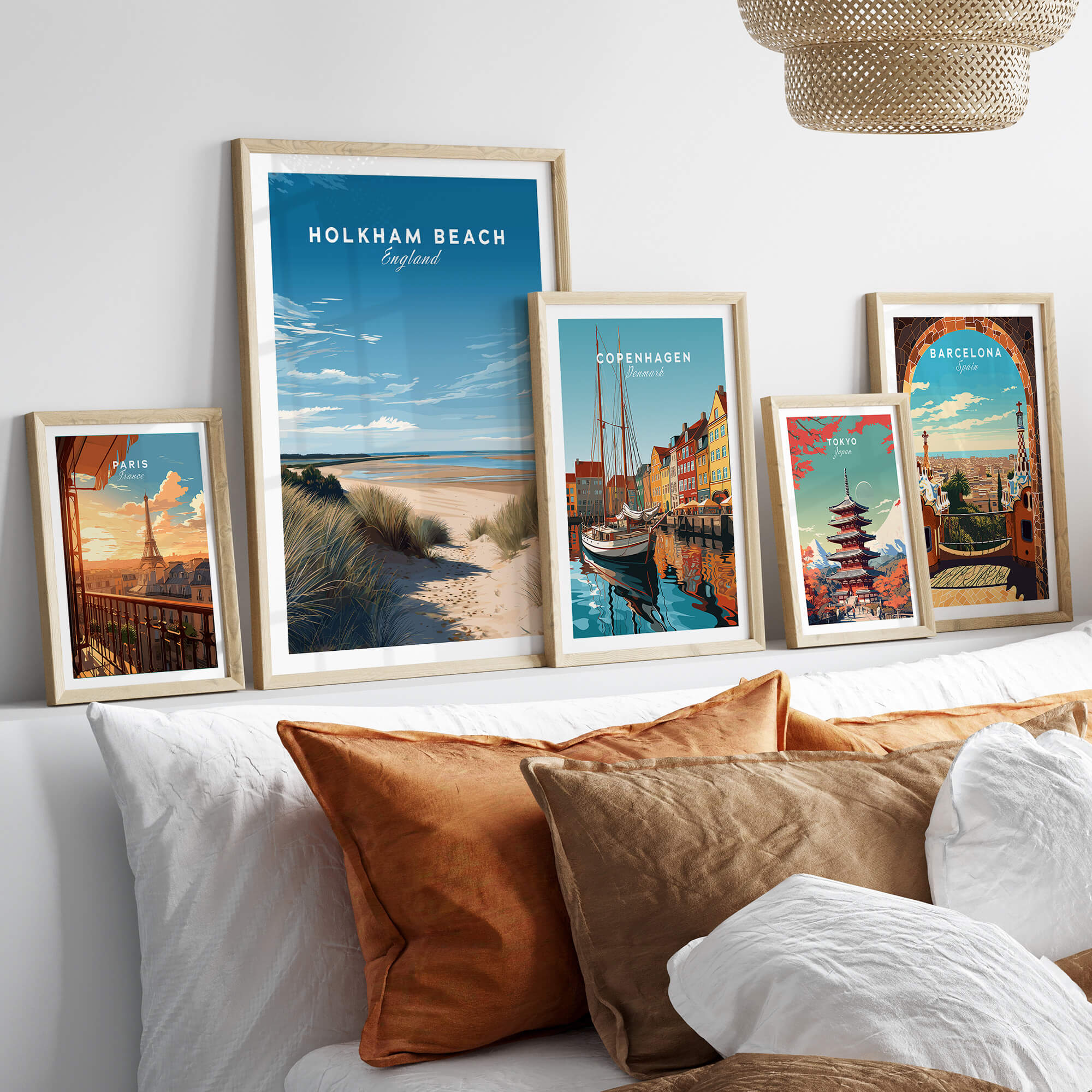 Holkham Beach Norfolk Wall Art Print | British Beach Travel Poster displayed in a modern living room setting.