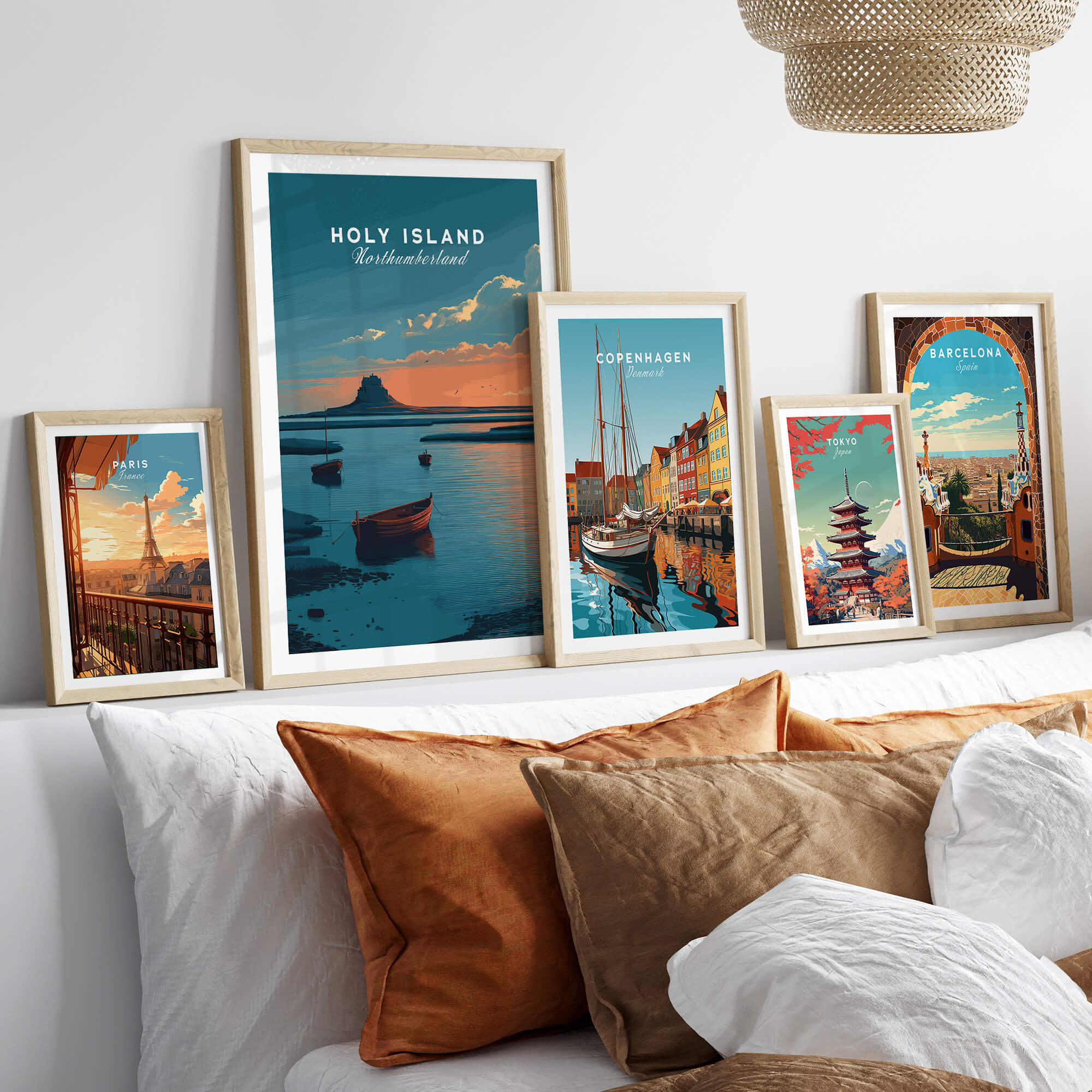 Holy Island Northumberland Wall Art Print | Lindisfarne Sunset Travel Poster displayed in a stylish home interior.