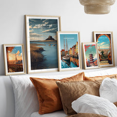 Holy Island Northumberland Travel Poster | Lindisfarne Castle Wall Art Print displayed among other travel posters.
