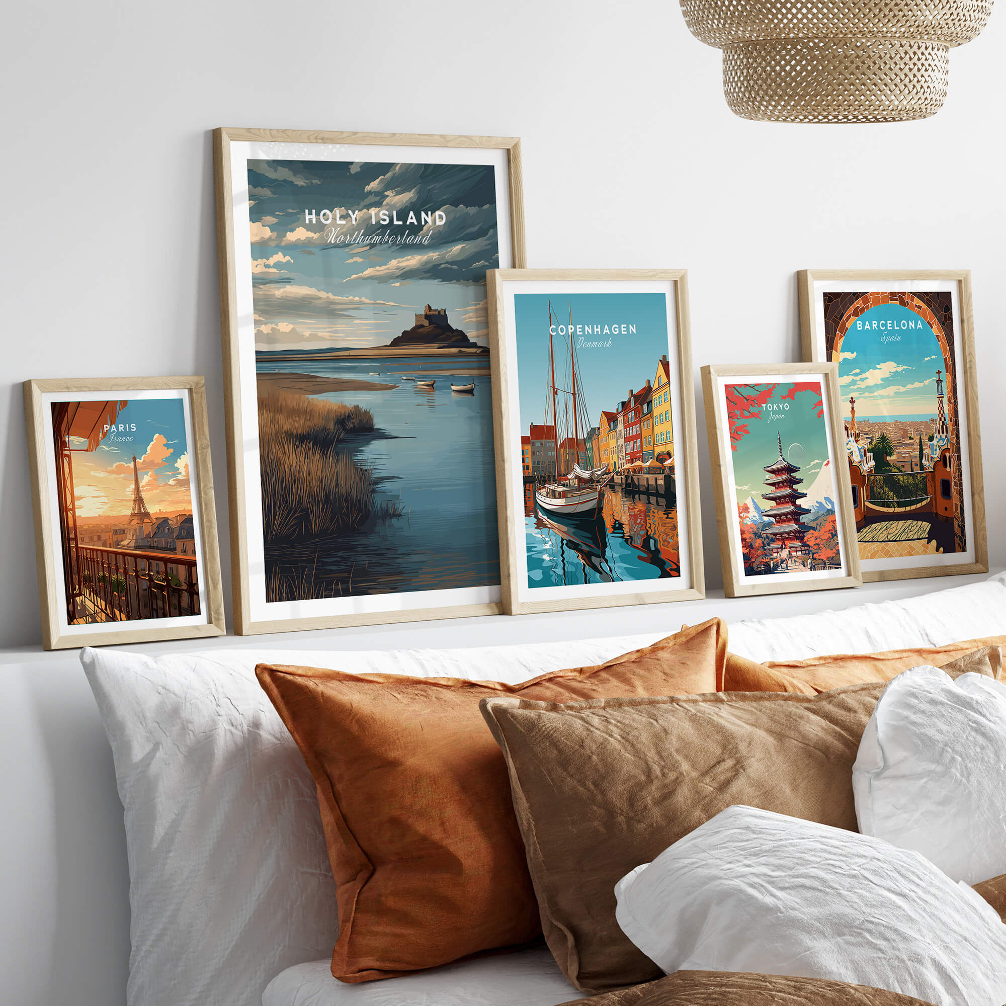 Holy Island Northumberland Travel Poster | Lindisfarne Castle Wall Art Print displayed among other travel posters.